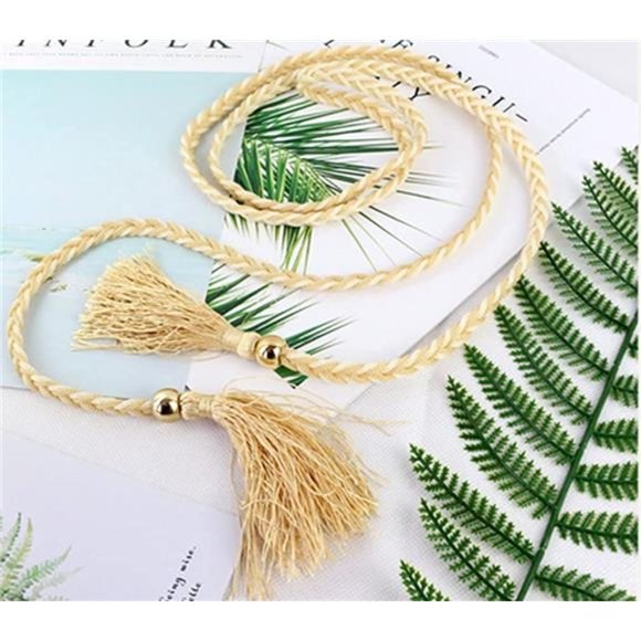 Women Girls Braided Knotted Waist Belt Skinny Color Rope Exotic Chain Tassel main image 6